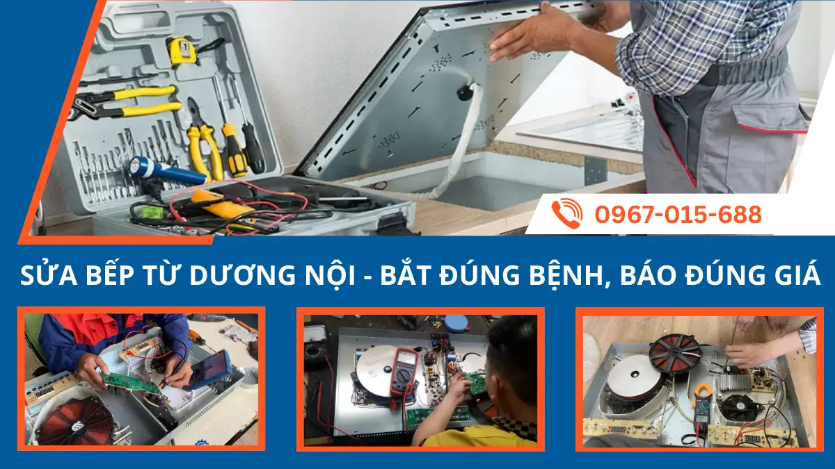 Thợ kỹ thuật Minh Dương Fix đang sửa mạch Inverter bếp từ chuyên nghiệp cho khách hàng tại phường Dương Nội