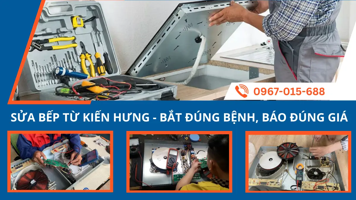 Thợ kỹ thuật Minh Dương Fix đang sửa mạch Inverter bếp từ chuyên nghiệp cho khách hàng tại phường Kiến Hưng