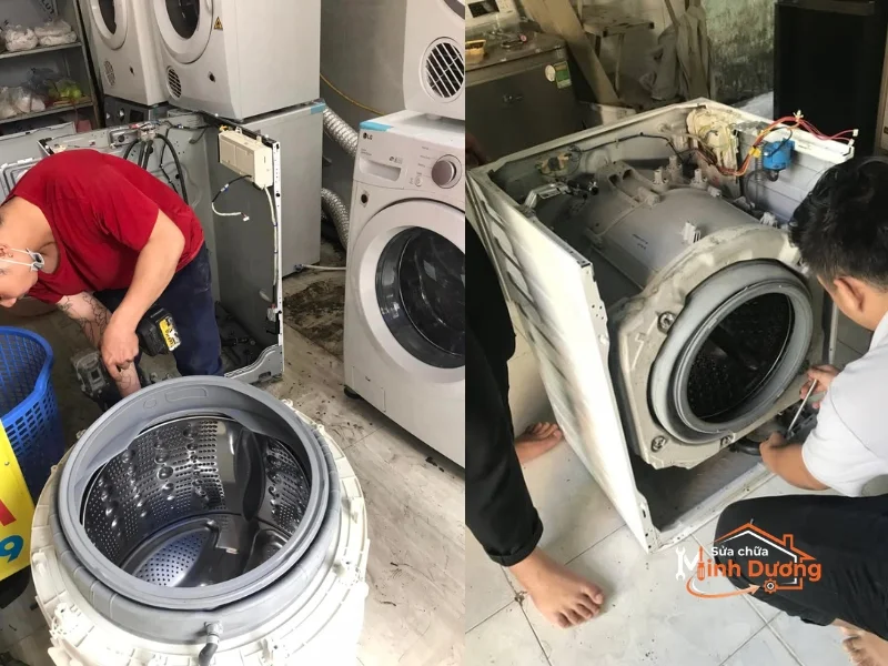 Kỹ thuật viên tháo lắp máy giặt sấy Bosch âm tủ bếp khéo léo