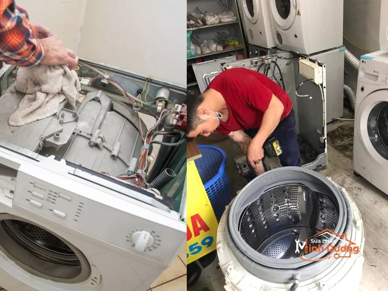 Thợ sửa máy giặt tại Mandarin Garden 2 Tân Mai đang kiểm tra thiết bị