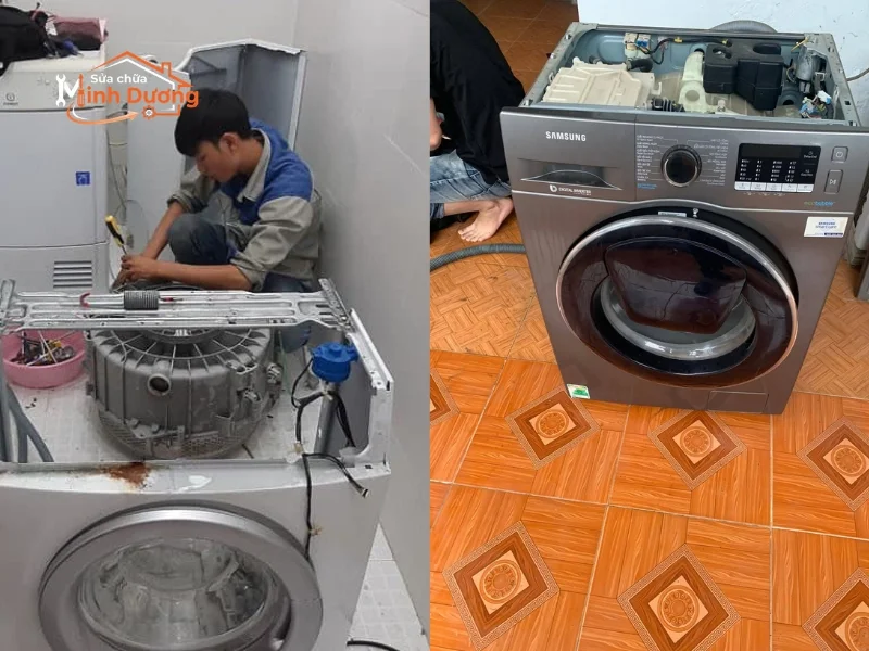 Kỹ thuật viên đang kiểm tra bo mạch máy giặt Samsung AddWash cửa phụ