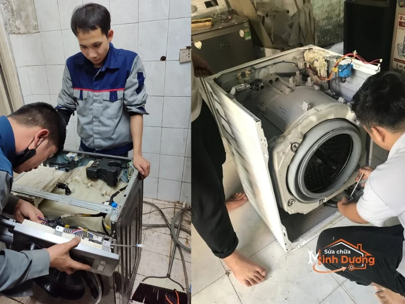 Kỹ thuật viên kiểm tra bo mạch máy giặt AI Samsung AddWash và Panasonic