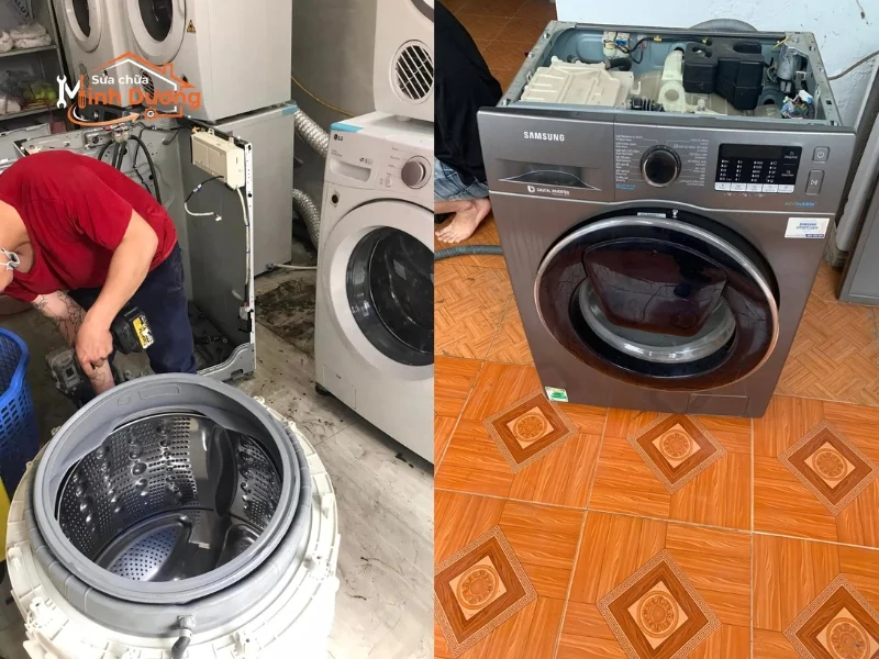 Kỹ thuật viên đang đo mạch máy giặt Electrolux