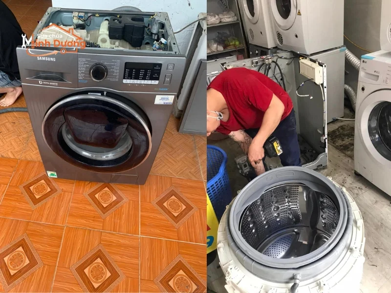 Thợ lắp ráp lại lồng giặt đúng khớp sau khi vệ sinh hoàn tất