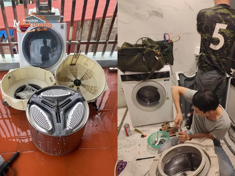 Kỹ thuật viên dùng vam chuyên dụng tháo mâm giặt an toàn tuyệt đối