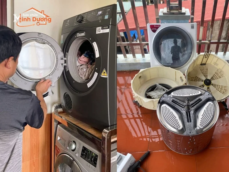 Kỹ thuật viên dùng vòi áp lực cao làm sạch sâu lồng giặt