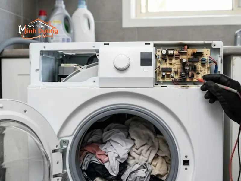 Nhân sự kỹ thuật đo kiểm sự cố máy giặt lồng ngang không xả nước tại nhà