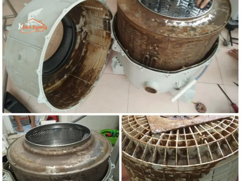 Cặn bẩn nấm mốc đóng tảng sau lồng inox máy giặt