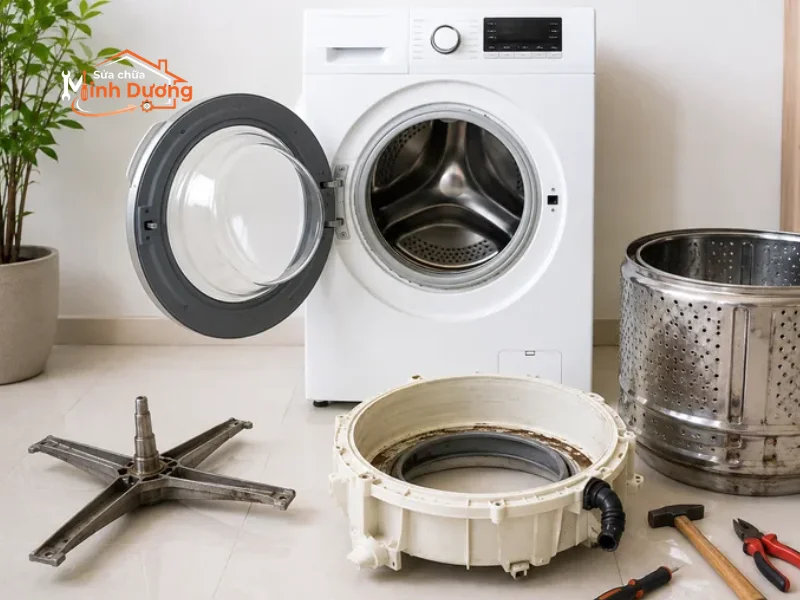 Thợ cơ điện lạnh đo lường và đấu nối ống xả máy giặt